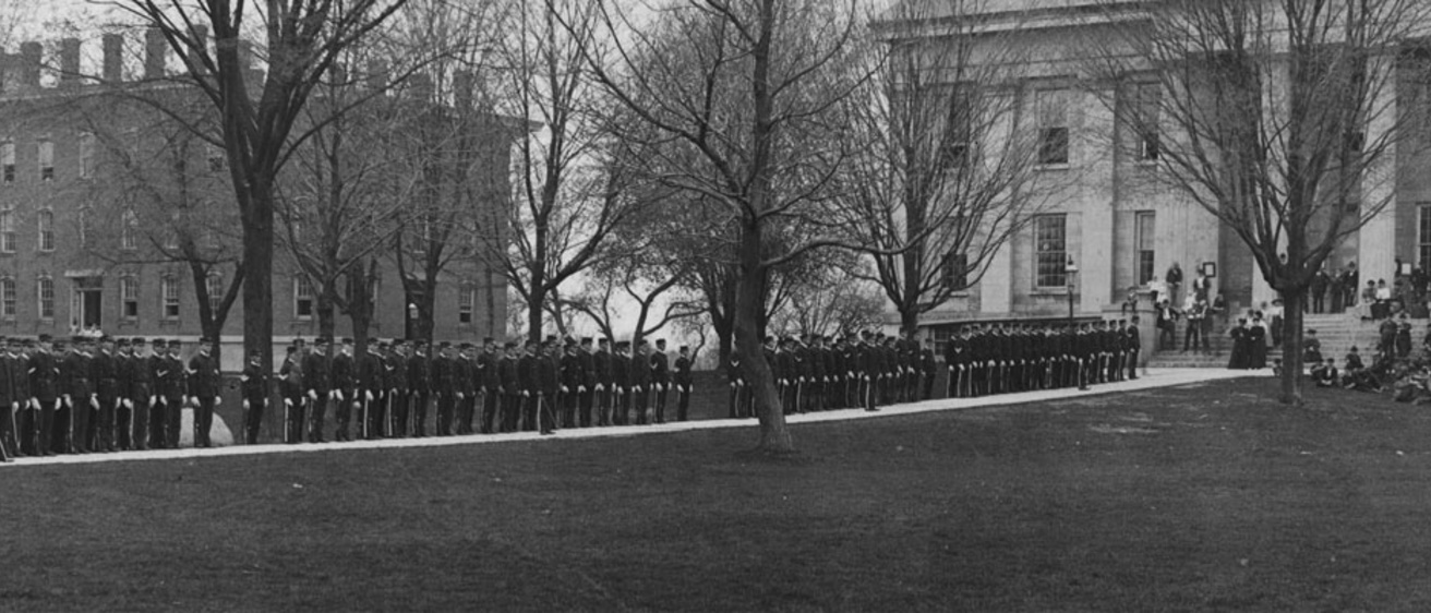 Historical photo of soldiers in front of the Old Capitol